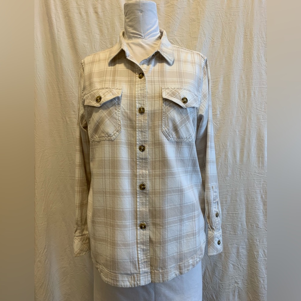 Frank And Oak Organic Cotton Plaid Flannel Shirt Cream Beige‎